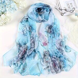 Elegant Vintage Style Blue Peony Floral Print Scarf  NEW